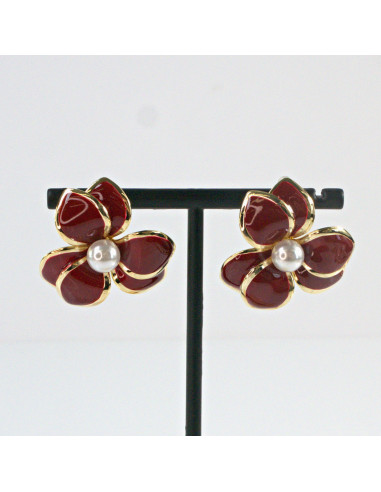 Kolczyki Bordowe Kwiaty z Perłą   Lolita...