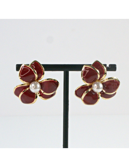 Kolczyki Bordowe Kwiaty z Perłą   Lolita Akcesoria srebrny sztyft 925