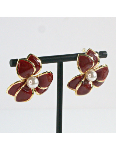 Kolczyki Bordowe Kwiaty z Perłą   Lolita...