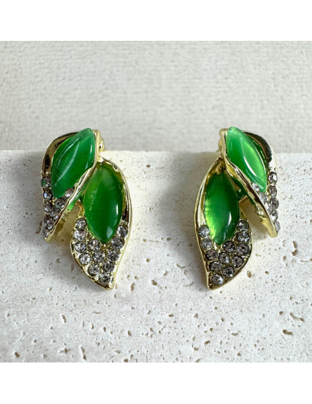 Kolczyki ZIELONE LISTKI Z CYRKONIAMI Lolita Accessories srebrny sztyft 925