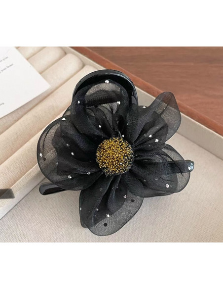 Klamra  Wieczorowa  Połyskujący Czarny Kwiatek Lolita Akcesoria