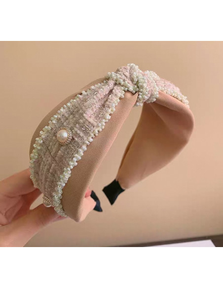 Opaska do włosów supeł z perłami  BEŻOWA  GLAMOUR Lolita Akcesoria