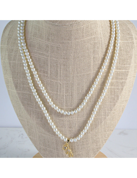 Naszyjnik PODWÓJNY  łańcuszek  z perłkami perła z zawieszką Lolita Akcesoria