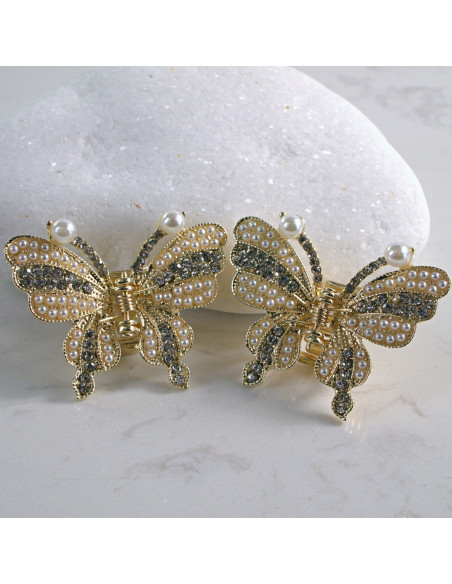 Spinka do włosów DWA ZŁOTE MOTYLKI KRYSZTAŁKI Z PERŁĄ 2szt Lolita Akcesoria