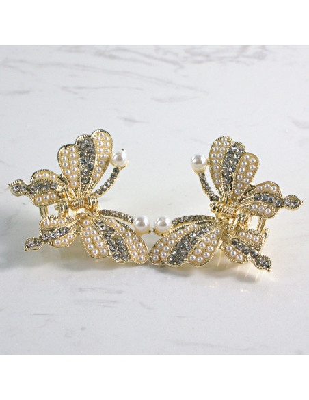 Spinka do włosów DWA ZŁOTE MOTYLKI KRYSZTAŁKI Z PERŁĄ 2szt Lolita Akcesoria