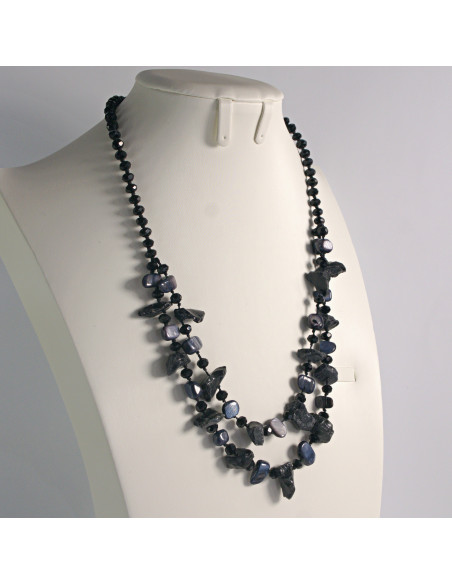 Naszyjnik podwójny grafitowe kamienie z koralikami Lolita Akcesoria