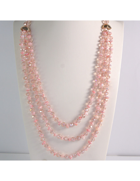 Naszyjnik potrójny różowe kamienie z koralikami Lolita Akcesoria