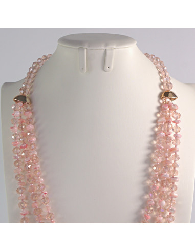 Naszyjnik potrójny różowe kamienie z koralikami...
