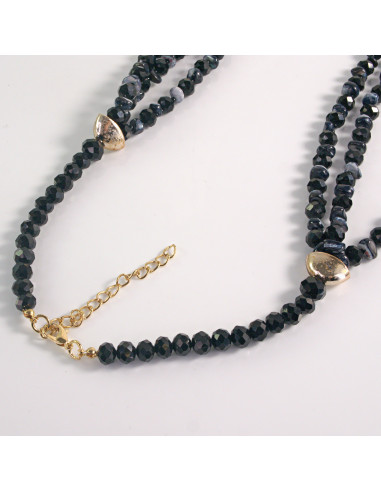 Naszyjnik potrójny ciemne kamienie z koralikami...