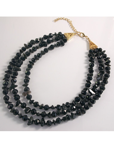 Naszyjnik potrójny czarne kamienie z koralikami...