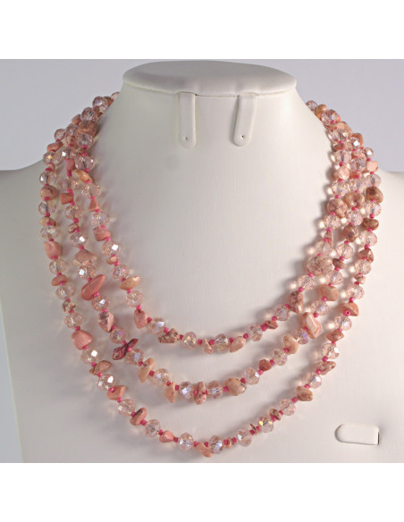 Naszyjnik potrójny różowe kamienie z koralikami Lolita Akcesoria