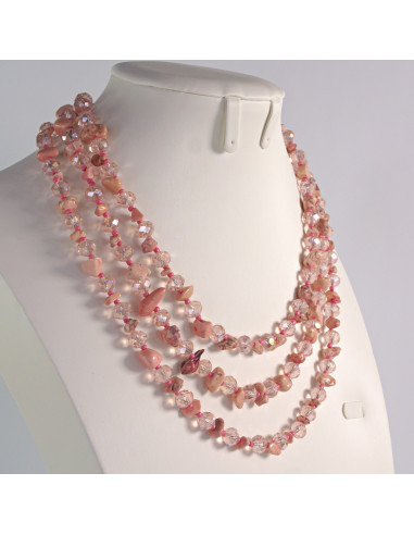 Naszyjnik potrójny różowe kamienie z koralikami...