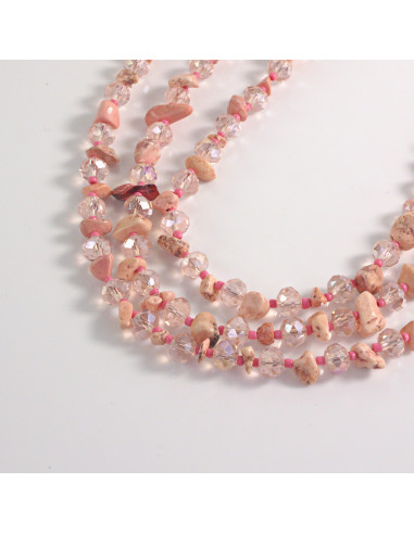 Naszyjnik potrójny różowe kamienie z koralikami...