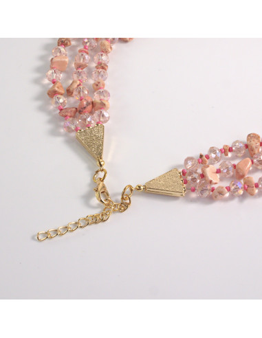 Naszyjnik potrójny różowe kamienie z koralikami...