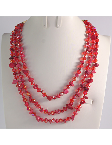 Naszyjnik potrójny czerwone kamienie z koralikami Lolita Akcesoria