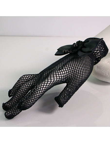 Rękawiczki eleganckie kabaretki krótkie CZARNE Z KOKARDA Lolita Akcesoria