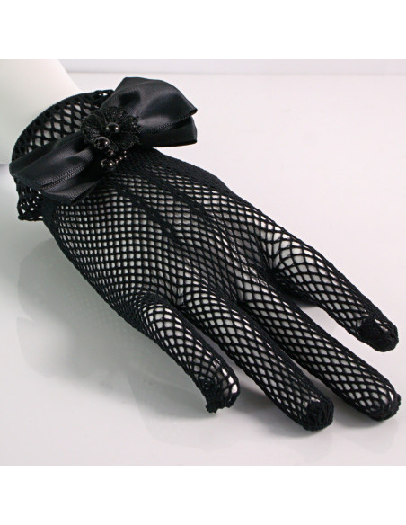 Rękawiczki eleganckie kabaretki krótkie CZARNE Z KOKARDA Lolita Akcesoria