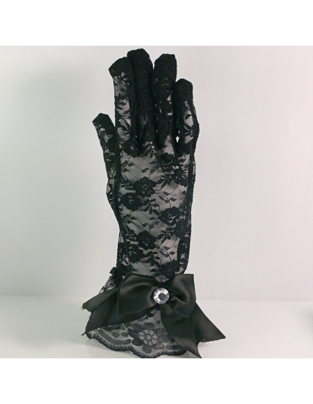 Rękawiczki eleganckie koronkowe krótkie CZARNE Z KOKARDA Lolita Akcesoria