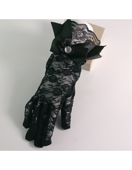 Rękawiczki eleganckie koronkowe krótkie CZARNE Z KOKARDA Lolita Akcesoria