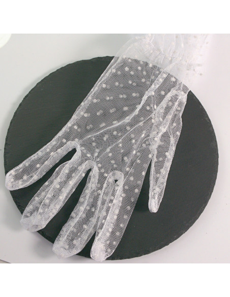 Rękawiczki eleganckie koronkowe krótkie BIAŁE W KROPKI Lolita Akcesoria