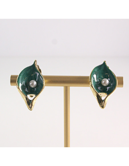 Klipsy do Uszu Lolita Akcesoria Klips do UCHA ZIELONE LISTKI Z PEREŁKĄ