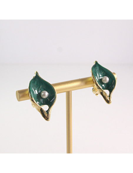 Klipsy do Uszu Lolita Akcesoria Klips do UCHA ZIELONE LISTKI Z PEREŁKĄ