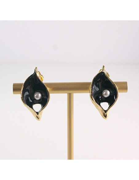 Klipsy do Uszu Lolita Akcesoria Klips do UCHA CZARNE LISTKI Z PEREŁKĄ