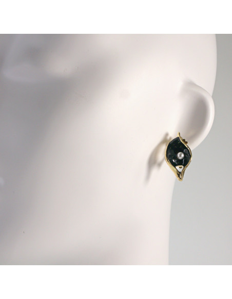 Klipsy do Uszu Lolita Akcesoria Klips do UCHA CZARNE LISTKI Z PEREŁKĄ