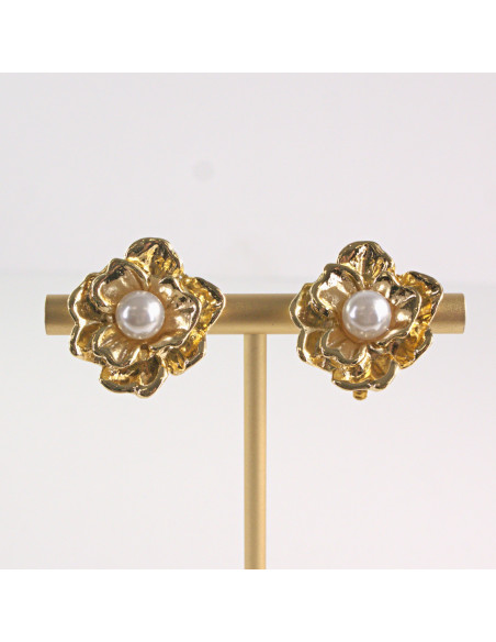 Klipsy do Uszu Lolita Akcesoria Klips do UCHA ZŁOTE KWIATY  RÓŻĄ Z PERŁĄ