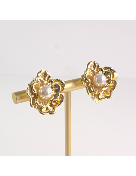 Klipsy do Uszu Lolita Akcesoria Klips do UCHA ZŁOTE KWIATY  RÓŻĄ Z PERŁĄ