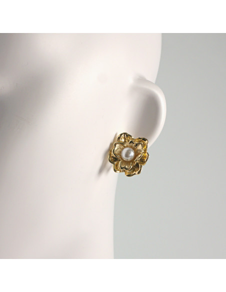 Klipsy do Uszu Lolita Akcesoria Klips do UCHA ZŁOTE KWIATY  RÓŻĄ Z PERŁĄ