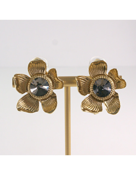 Klipsy do Uszu Lolita Akcesoria Klips do UCHA  ZŁOTE KWIATY GRAFITOWE OCZKO