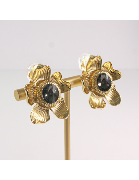 Klipsy do Uszu Lolita Akcesoria Klips do UCHA  ZŁOTE KWIATY GRAFITOWE OCZKO