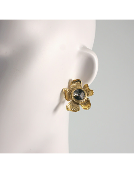 Klipsy do Uszu Lolita Akcesoria Klips do UCHA  ZŁOTE KWIATY GRAFITOWE OCZKO