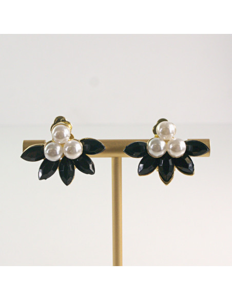 Klipsy do Uszu Lolita Akcesoria Klips do UCHA  CZARNE MAGNOLIE Z PEREŁKAMI