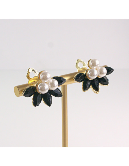 Klipsy do Uszu Lolita Akcesoria Klips do UCHA  CZARNE MAGNOLIE Z PEREŁKAMI