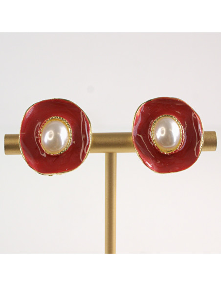 Klipsy do Uszu Lolita Akcesoria Klips do UCHA CZERWONE Z PERŁĄ VINTAGE