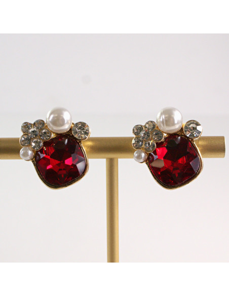 Klipsy do Uszu Lolita Akcesoria Klips do Ucha CZERWONE KRYSZTAŁKI Z PERŁĄ