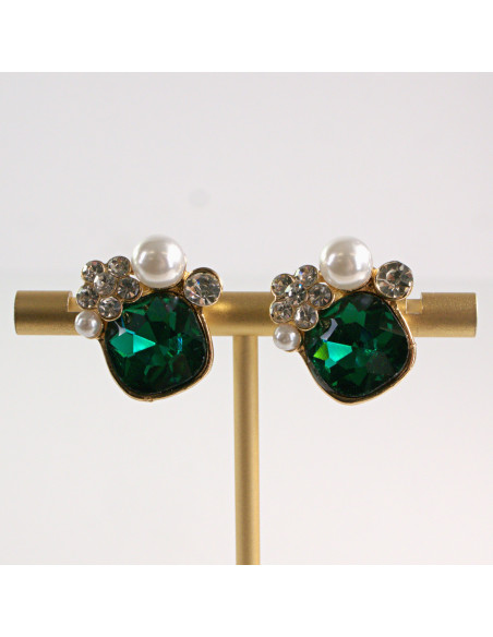 Klipsy do Uszu Lolita Akcesoria Klips do Ucha ZIELONE KRYSZTAŁKI Z PERŁĄ