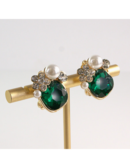 Klipsy do Uszu Lolita Akcesoria Klips do Ucha ZIELONE KRYSZTAŁKI Z PERŁĄ