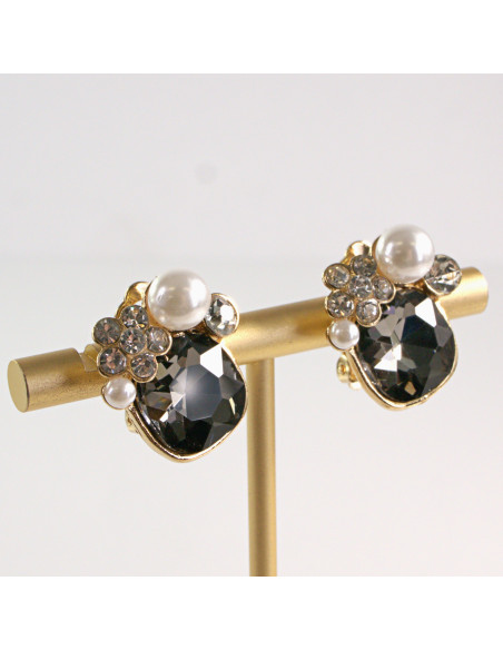 Klipsy do Uszu Lolita Akcesoria Klips do Ucha GRAFITOWE KRYSZTAŁKI Z PERŁĄ