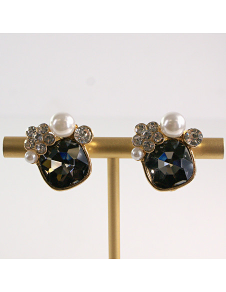 Klipsy do Uszu Lolita Akcesoria Klips do Ucha GRAFITOWE KRYSZTAŁKI Z PERŁĄ