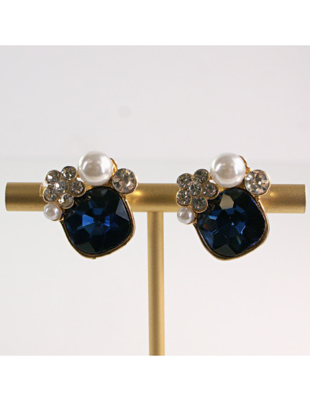 Klipsy do Uszu Lolita Akcesoria Klips do Ucha GRANATOWE KRYSZTAŁKI Z PERŁĄ