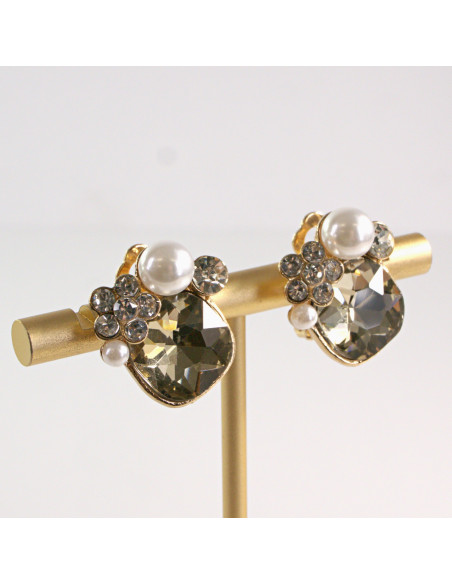 Klipsy do Uszu Lolita Akcesoria Klips do Ucha MIODOWE KRYSZTAŁKI Z PERŁĄ