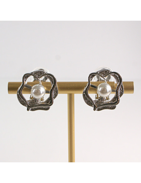Klipsy do Uszu Lolita Akcesoria Klips do Ucha SERBRNE RÓŻE Z PERŁĄ