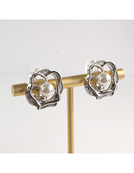 Klipsy do Uszu Lolita Akcesoria Klips do Ucha SERBRNE RÓŻE Z PERŁĄ