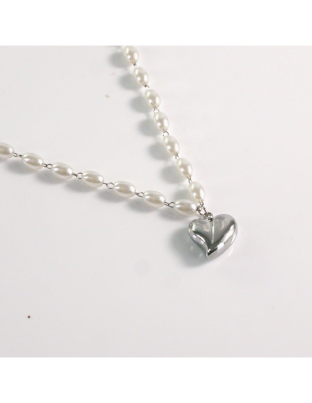 Naszyjnik ze stali chirurgicznej srebrny perełki serce Lolita Akcesoria