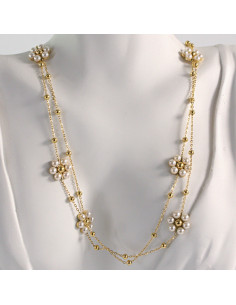 Naszyjnik ze stali chirurgicznej złoty kwiatki perły...