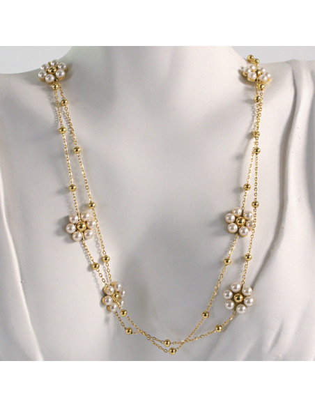 Naszyjnik ze stali chirurgicznej złoty kwiatki perły Lolita Akcesoria