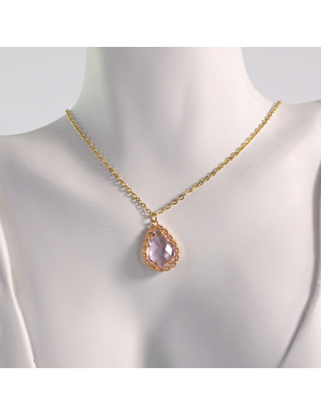 Naszyjnik ze stali chirurgicznej złoty łezka różowa Lolita Akcesoria
